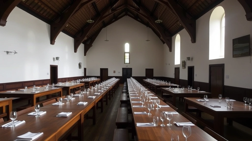 Interior of convent dining hall with long wooden tables, simple place settings, and arched ceiling with natural light from tall windows