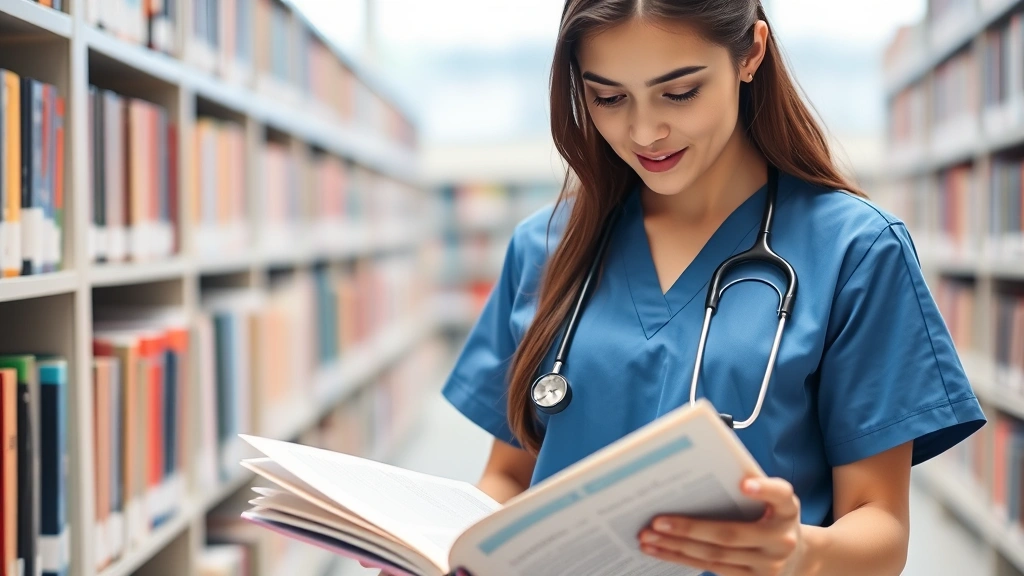 Graduate nursing student studying advanced pharmacology textbook in library with stethoscope and notes, focused academic study environment