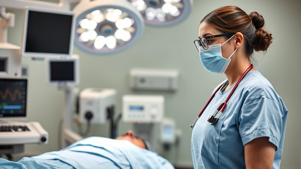 Nurse anesthetist in operating room monitoring patient during surgery, wearing surgical attire with anesthesia equipment visible in background