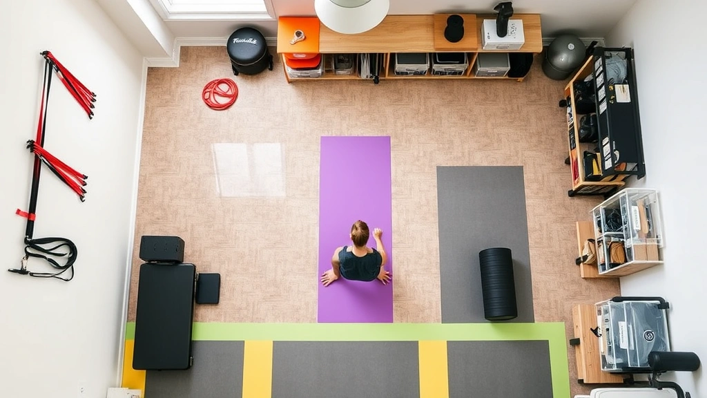 Overhead view of organized home rehab room showing distinct zones: warm-up area with resistance bands, central exercise space with clear floor for movement, cool-down zone with foam roller and stretching props, equipment storage with labeled transparent bins, color-coded floor tape marking zones, bright overhead lighting