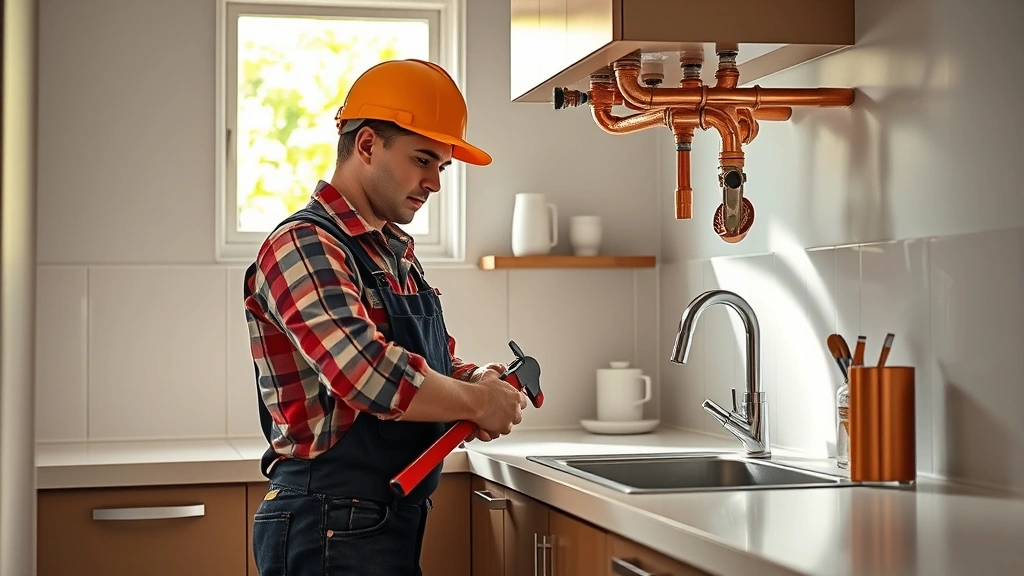 Professional plumber in work uniform installing copper pipes under sink in modern kitchen, using pipe wrench, natural lighting through window