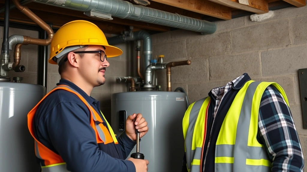 Apprentice plumber working alongside experienced journeyman on residential water heater installation, both wearing safety gear, in basement setting
