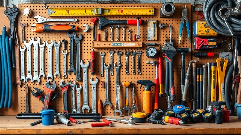 Organized plumbing tool collection displayed on workbench including wrenches, pipe cutters, levels, and other professional hand tools