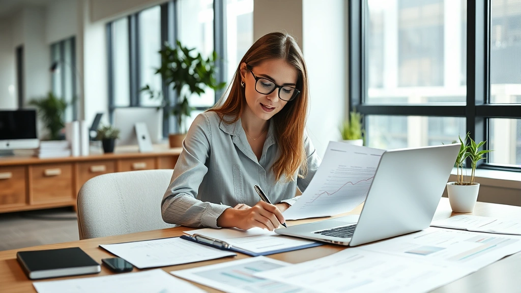 Professional woman project manager reviewing timeline chart on laptop in modern office, papers and planning documents on desk, natural lighting from window