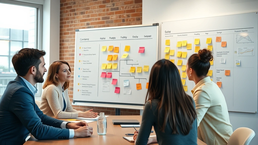Team of diverse professionals in project planning meeting, reviewing digital whiteboard with project roadmap, sticky notes, and timeline milestones visible