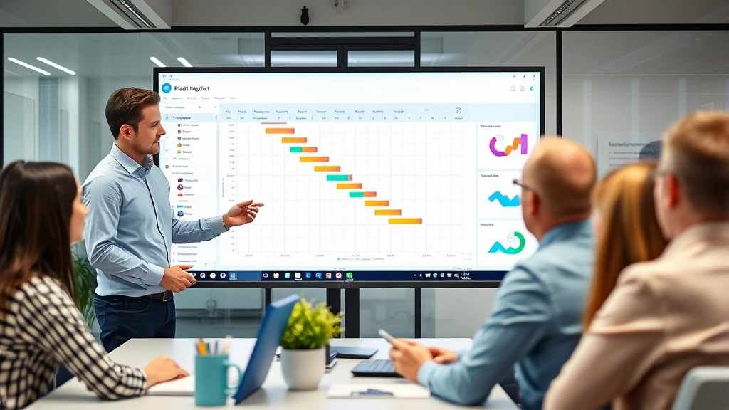 Project manager presenting Gantt chart and project dashboard on large monitor to stakeholder group, collaborative office environment with charts visible