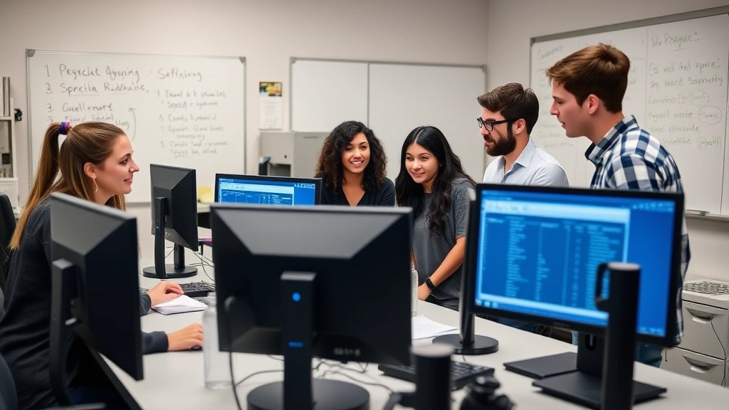 Graduate students in psychology lab discussing research data on computer screens, diverse team collaborating, whiteboards with diagrams, scientific equipment, engaged discussion, professional setting