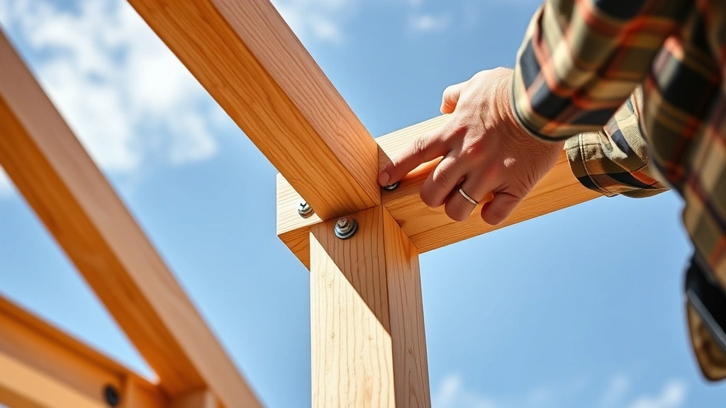 Close-up of carpenter's hands securing wooden frame corner with bolts and brackets on a sunny day, showing proper joinery technique and construction detail