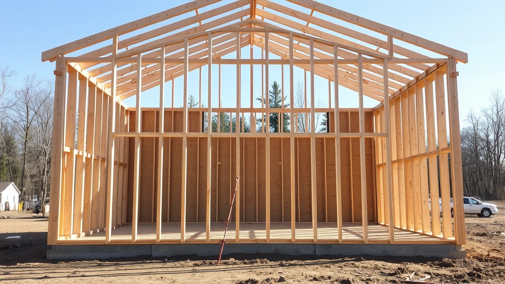 Wide shot of a partially completed shed frame with wall studs standing upright, diagonal bracing visible, and concrete foundation piers supporting the structure