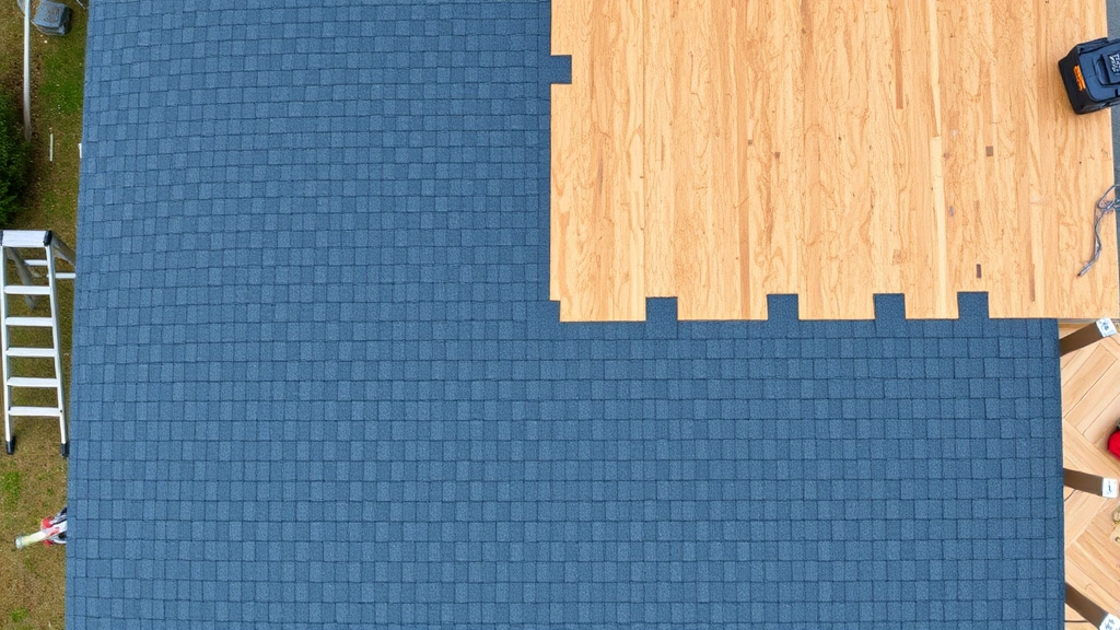 Overhead view of roofing installation in progress with shingles being applied to plywood sheathing, ladder and roofing tools visible at the edge of frame