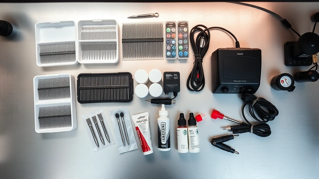 Detailed overhead view of tattoo artist's workstation showing organized needle groupings, sterile containers, power supply unit, and ink bottles arranged professionally on clean metal surface