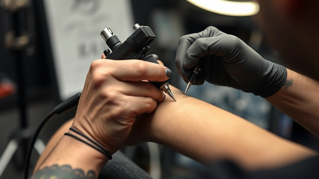 Tattoo artist's hands demonstrating proper machine grip and positioning while working on practice synthetic skin, showing correct posture and needle angle in well-lit professional studio setting