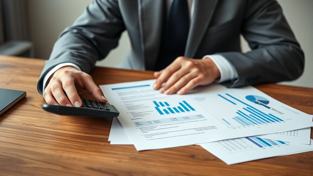 Businessman in suit examining business valuation documents and financial statements on wooden desk with calculator and pen