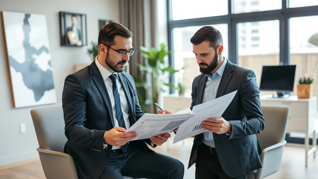 Real estate investor reviewing property appraisal documents and market analysis papers in contemporary home office setting