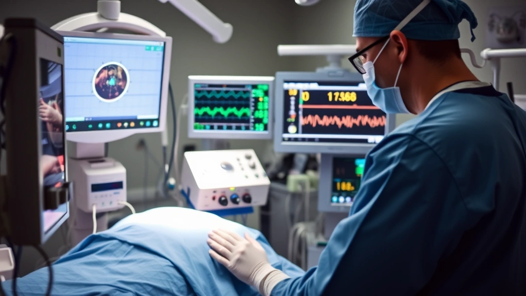 Anesthesiologist monitoring patient vitals during surgery with anesthesia machine and cardiac monitor visible in operating room