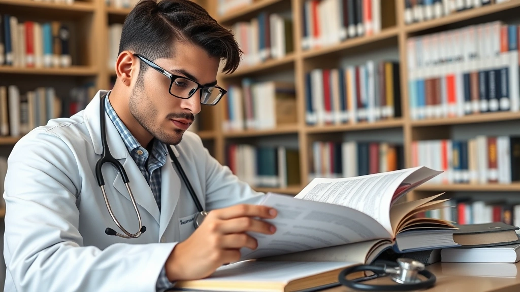 Medical student studying advanced pharmacology textbooks and anesthesia reference materials in library, focused learning environment with stethoscope nearby