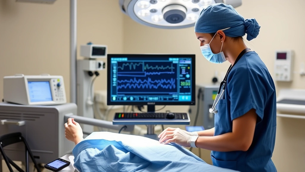 Anesthesiologist assistant monitoring patient vital signs and anesthesia equipment in operating room during surgical procedure, professional medical setting