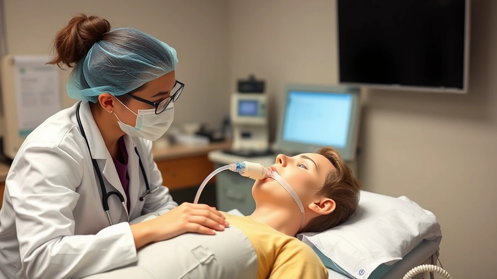 Clinical instructor supervising trainee practicing airway management with intubation manikin in simulation lab, hands-on medical education