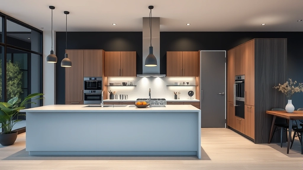 Modern kitchen interior design showing contemporary cabinetry, countertops, lighting fixtures, and open floor plan with neutral color palette