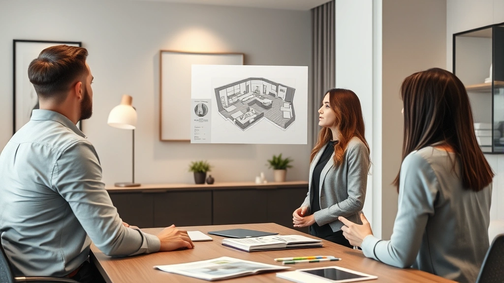 Interior designer presenting 3D visualization or floor plan to clients in professional office setting with design portfolio materials on desk