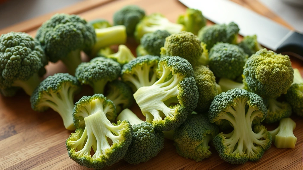 Fresh raw broccoli florets in various sizes on a wooden cutting board with a sharp knife, ready for preparation, natural kitchen lighting, close-up detail view