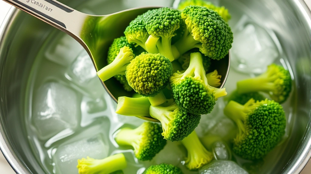 Bright green broccoli florets being transferred with a slotted spoon from boiling water into a bowl of ice water, showing steam rising and vibrant color, dynamic action shot