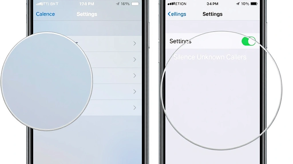 Split-screen showing iPhone settings menu with 'Silence Unknown Callers' toggle enabled, clean modern interface design