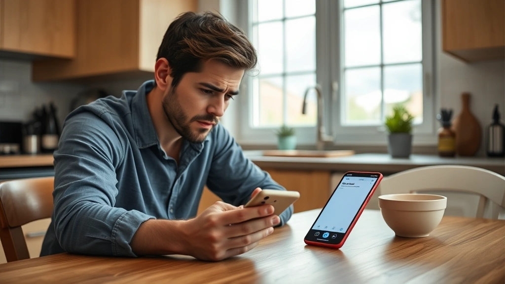 Frustrated person at kitchen table looking at phone with blocked call notification displayed, natural daylight through window