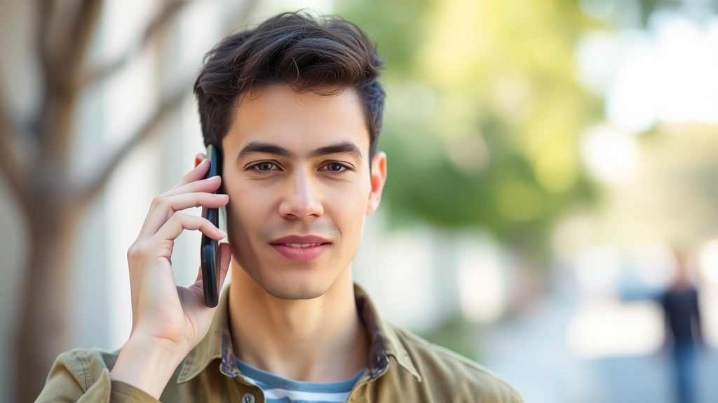 Person holding smartphone making a phone call, calm expression, outdoor natural lighting, showing phone held at ear with confident posture