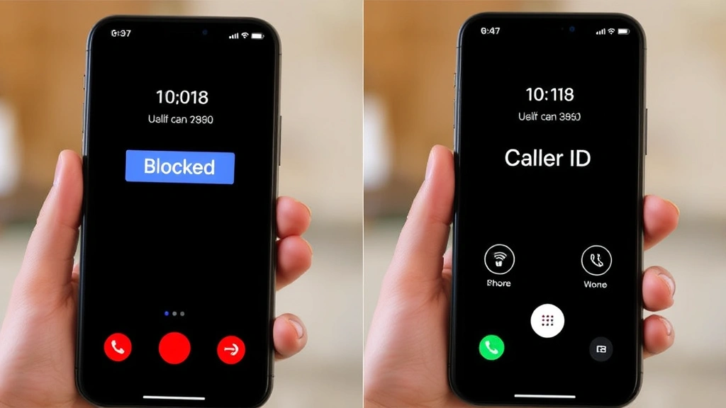 Split-screen comparison showing blocked caller ID on one phone displaying 'Blocked' text and regular caller ID on another phone, clean modern design