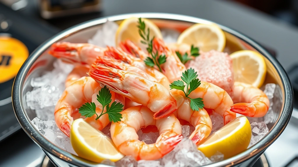 Perfectly cooked pink shrimp arranged on crushed ice in a silver serving bowl, vibrant pink color, fresh lemon wedges and herbs as garnish, appetizer presentation