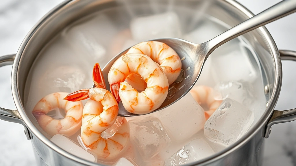Ice bath with cold water and ice cubes, slotted spoon lifting cooked shrimp from boiling pot, steam visible, immediate cooling process demonstration