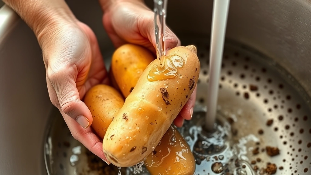 Close-up of hands scrubbing fresh sweet potatoes under running water at a kitchen sink, soil and water droplets visible, natural daylight