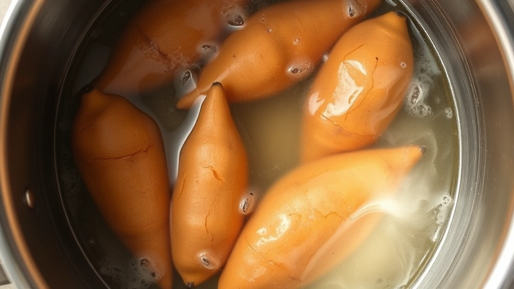 Overhead view of whole sweet potatoes submerged in gently boiling water in a large stainless steel pot, steam rising, clear water