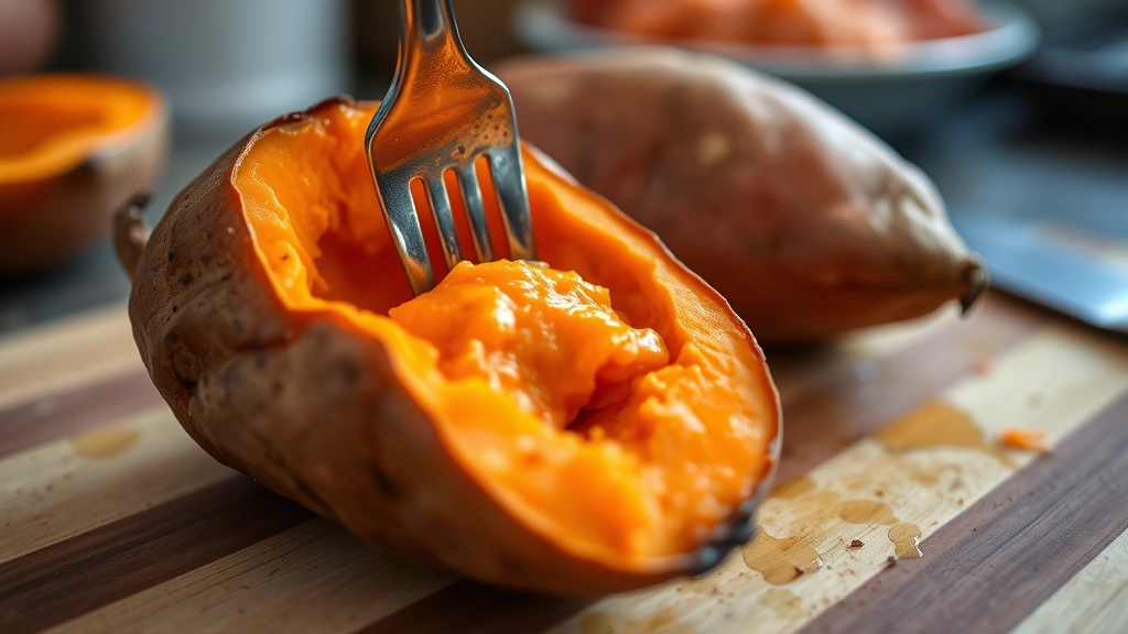 Fork piercing through cooked sweet potato flesh showing creamy interior texture, potato half on cutting board, warm kitchen lighting