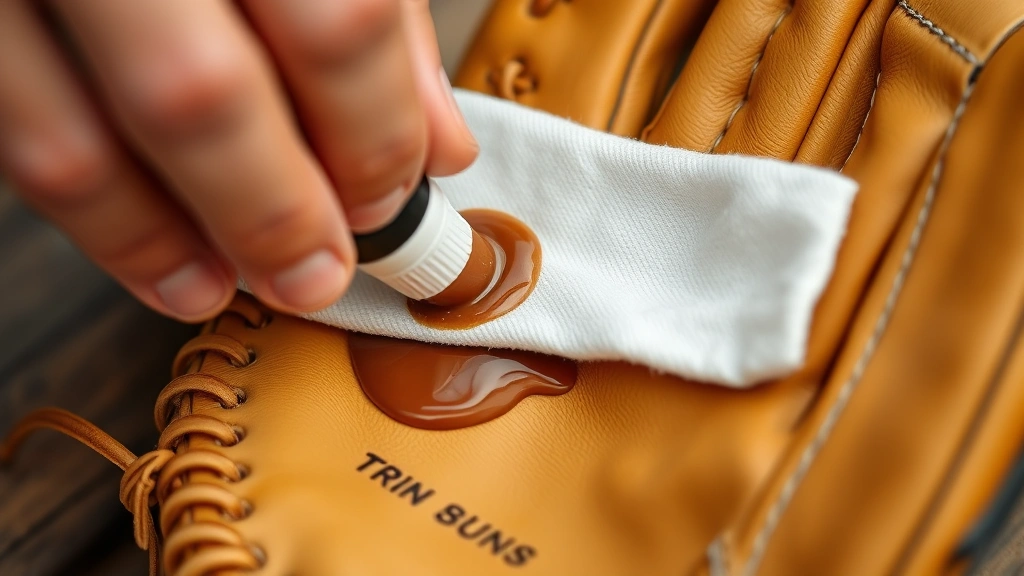 Close-up of hands applying brown leather conditioner to a tan baseball glove with cloth, showing proper conditioning technique on the pocket area