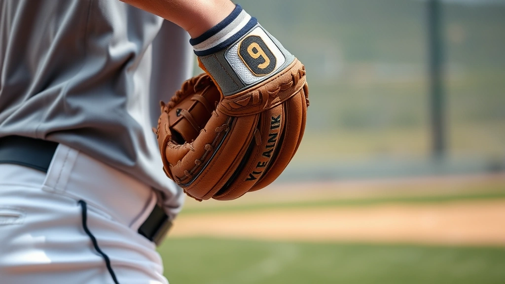 Player in batting stance wearing a broken-in baseball glove, ready to catch with properly formed pocket visible