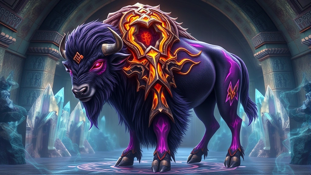 Close-up of a majestic bison-like fantasy creature with glowing purple and gold markings, standing in a mystical breeding chamber with crystalline structures and magical energy swirling around it, photorealistic fantasy art style