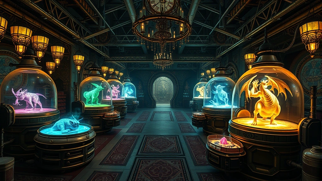 Wide shot of an ornate breeding facility with multiple incubation pods glowing with different colored elemental energies, showing advanced magical equipment and careful environmental management for creature breeding