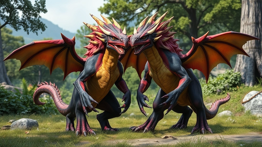 Two powerful epic creature variants standing side by side in a lush natural environment, showcasing their enhanced features and distinctive epic coloration, ready for breeding purposes