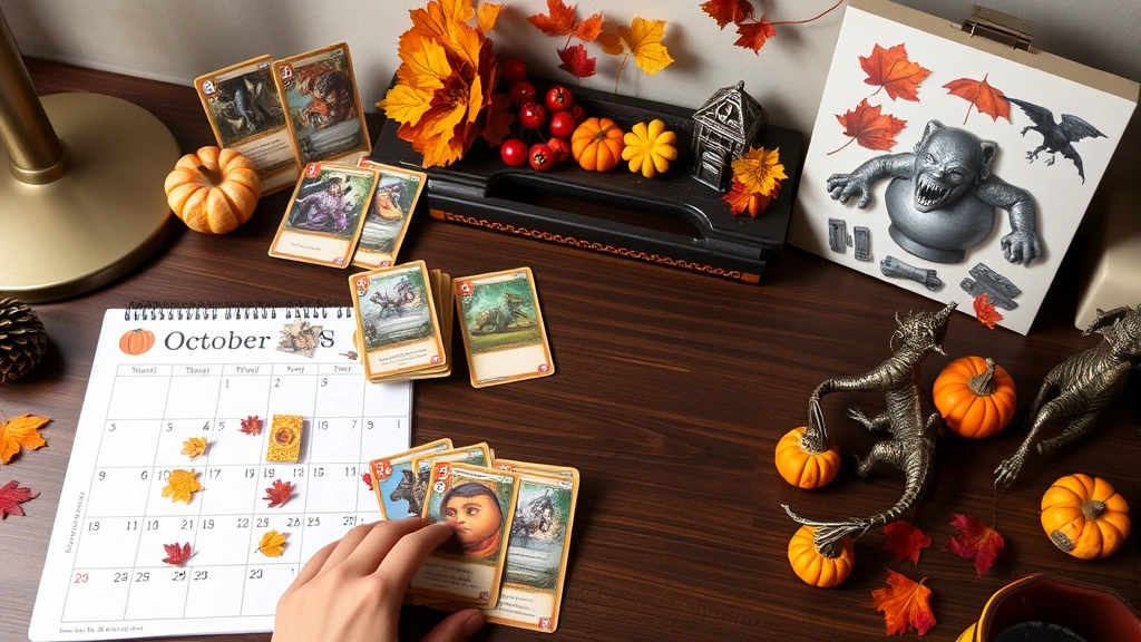 Hands organizing monster breeding cards and planning calendar on a desk with seasonal October decorations and breeding structure models