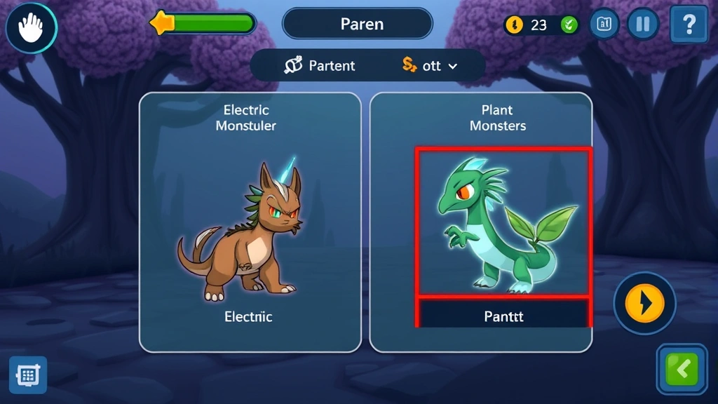 Monster breeding interface screen showing parent selection with electric and plant type monsters highlighted in game environment