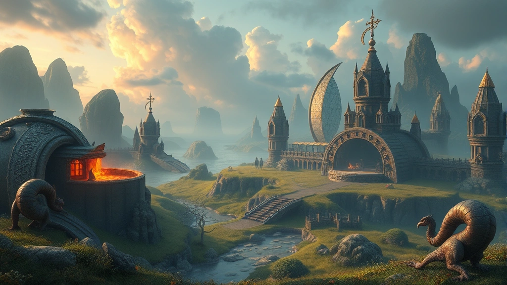 Wide shot of fantasy game breeding island landscape with magical breeding structures, ethereal atmosphere, and mystical creatures in habitat environment