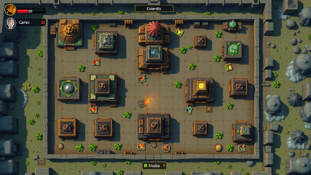 Detailed overhead view of game breeding farm setup with multiple breeding structures arranged strategically, resource indicators, and monster habitats visible