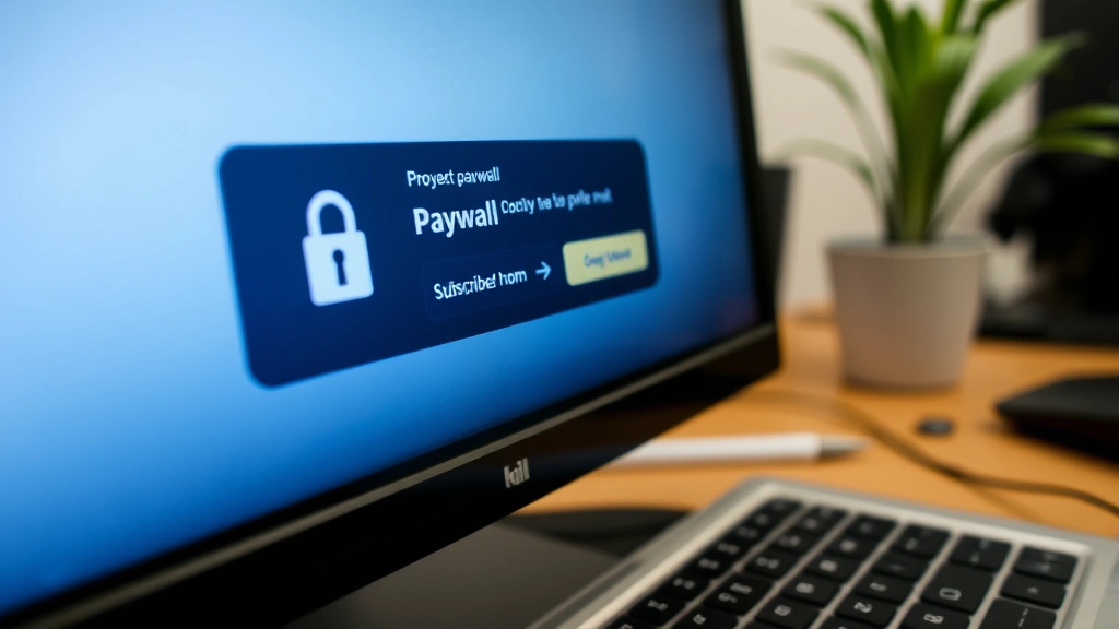 Close-up of a computer screen showing a paywall prompt with a lock icon and subscription button, realistic office setting with keyboard visible