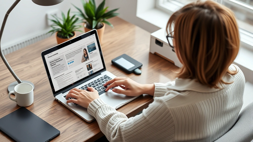 Person sitting at desk reading news article on laptop with digital payment interface visible, professional home office environment with coffee cup