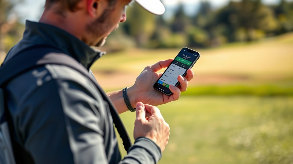 Golfer checking smartphone app showing handicap calculation and course statistics standing on fairway with golf bag, outdoor bright conditions