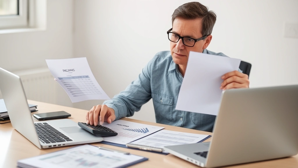 Person sitting at desk with calculator, financial documents, and laptop, analyzing two different career paths or investment options, natural office lighting, professional setting, showing thoughtful decision-making process