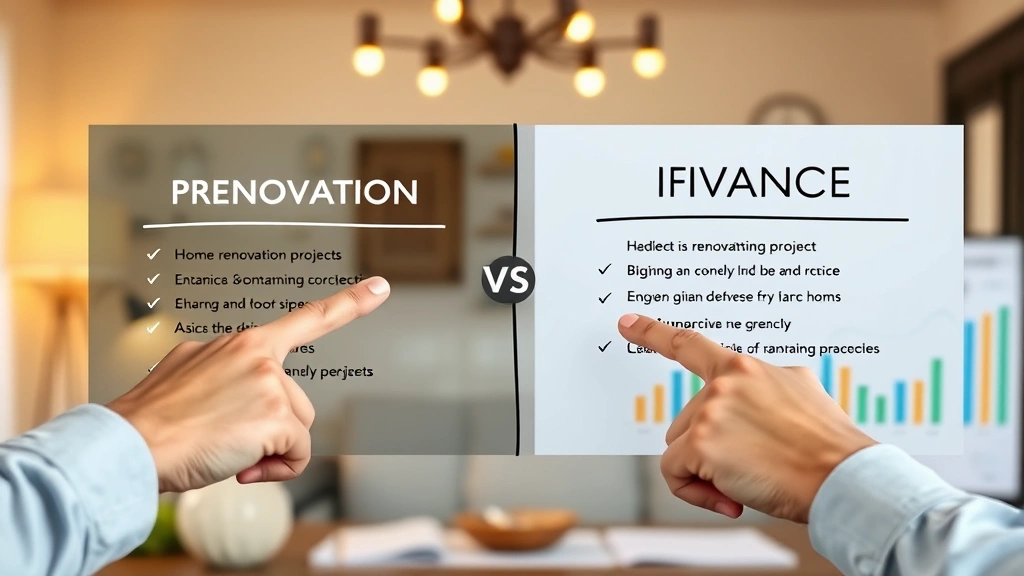 Split-screen comparison showing someone choosing between home renovation project versus financial investment, decision board with pros and cons listed, hands pointing at options, warm home lighting mixed with financial charts in background