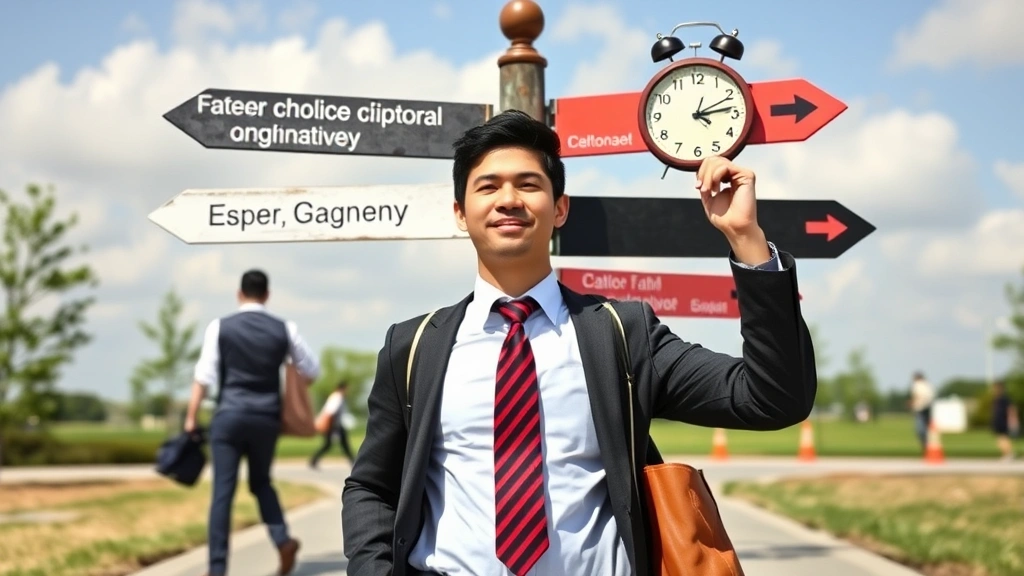 Busy professional at crossroads with multiple directional signs, calendar showing time passing, money and clock symbols, representing career choice and opportunity cost trade-offs, outdoor setting with clear decision point visualization